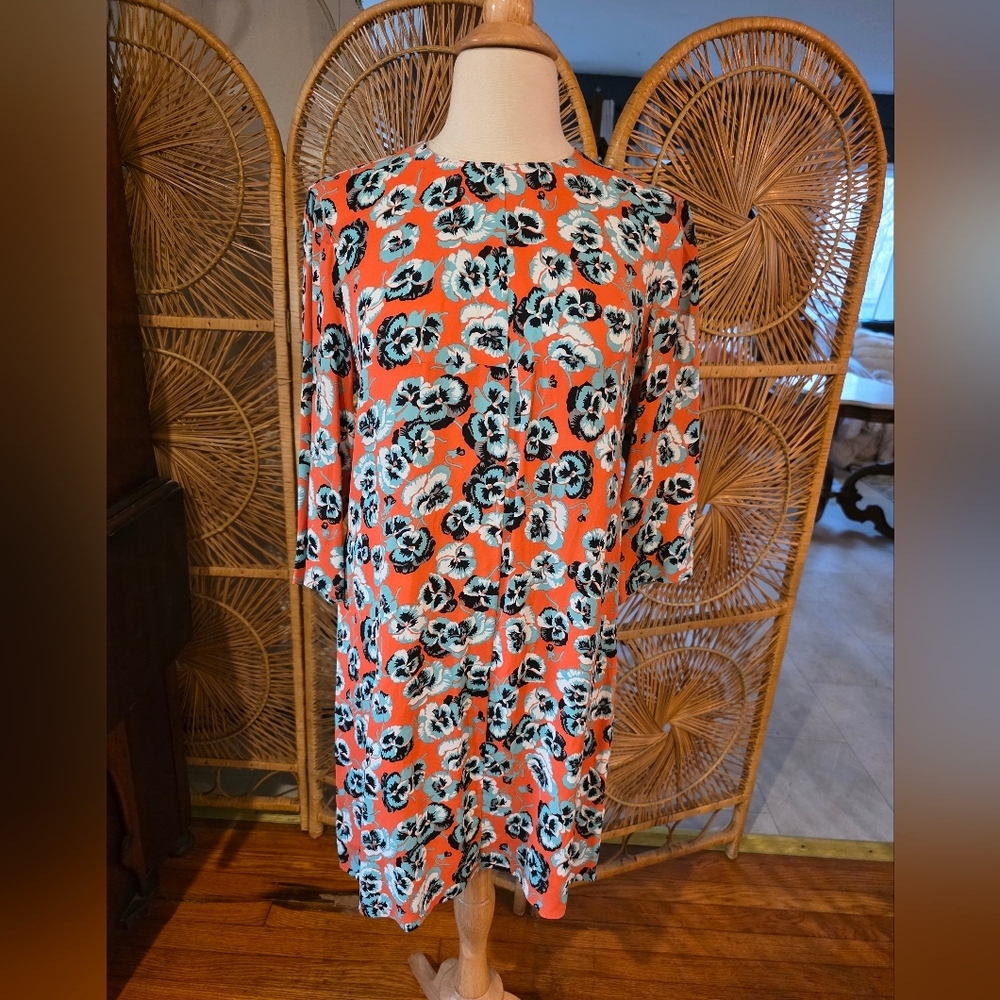 Marni Shift Dress Orange And Turquoise Violets Mini 3/4 Sleeves Size IT 40